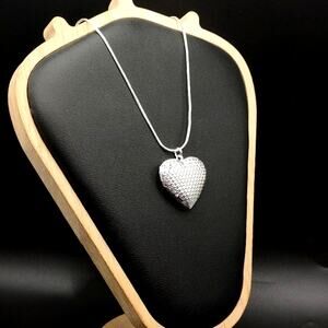 925 Silver Necklace W/ Diamond Pattern Heart Locket Valentine Birthday Gift NEW